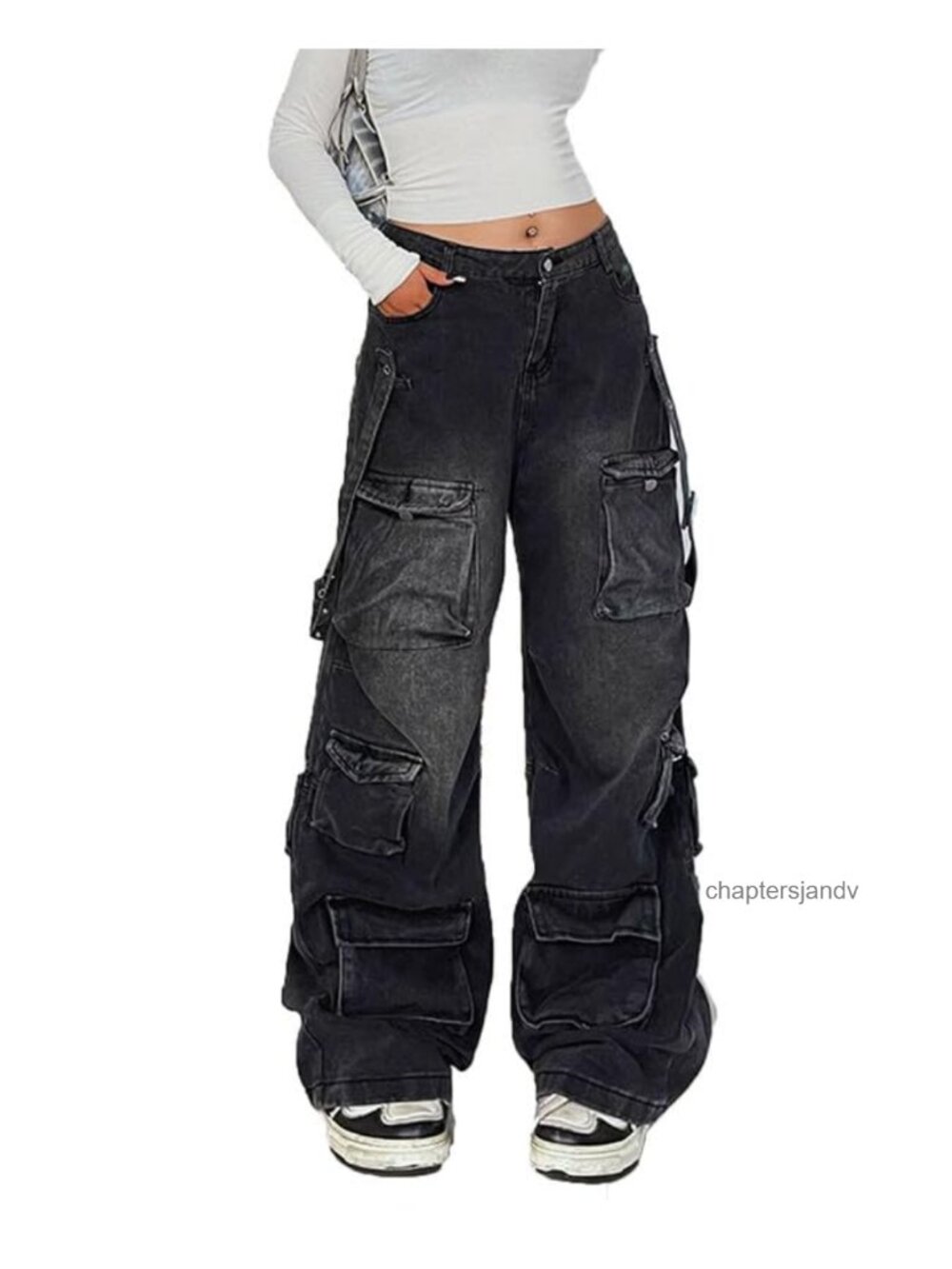 Women's Low Waist Baggy Cargo Jeans Wide Leg Y2K Utility Pocket Denim Pants